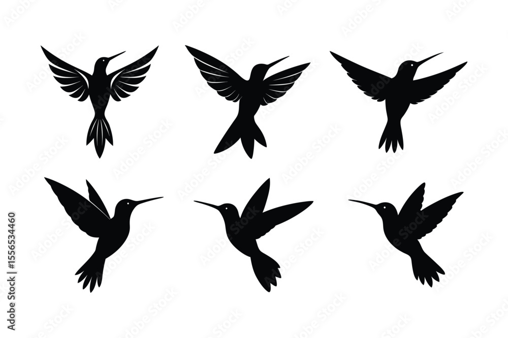 Obraz premium Hummingbird silhouette vector bundle illustration, Black Hummingbird silhouette vector 