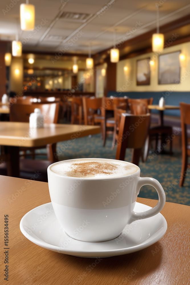Warm coffee cup on a wooden table in a cozy cafe during afternoon hours Warm coffee cup on a wooden table in a cozy cafe during afternoon hours