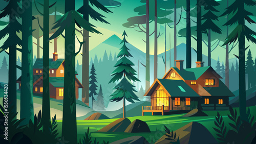 Tall pines stretch high through misty air in a deep green forest. Timber houses with flowered windows peek out between the trees like fairy tale dwellings.
