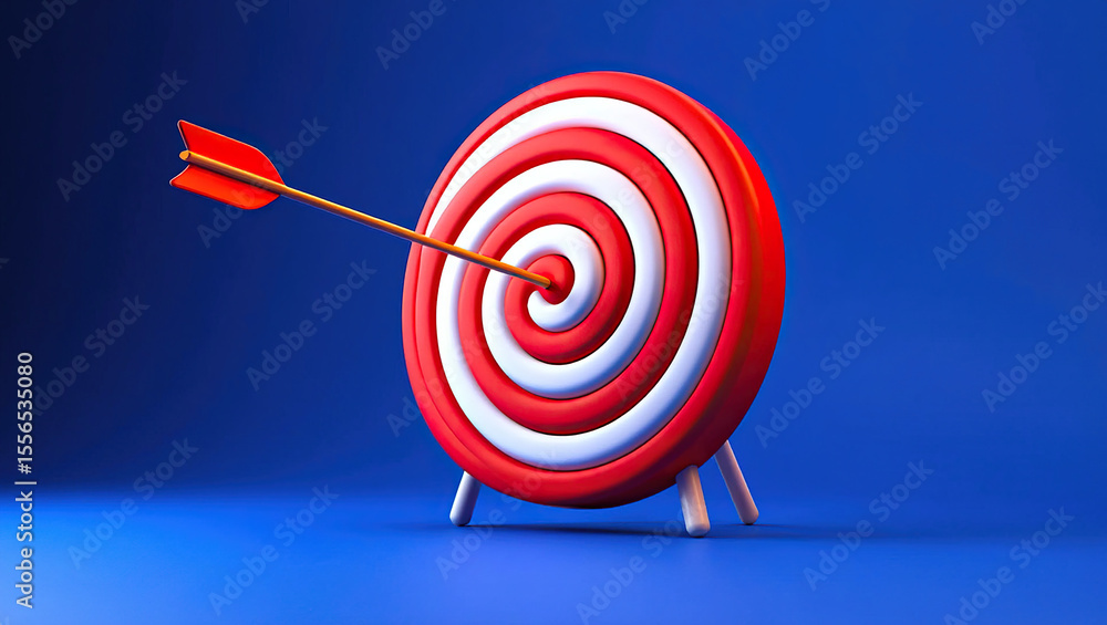 Precision Targeting A 3D Render of a Red and White Target with an Arrow Perfectly Centered on a Blue Background for Strategic Accuracy and Goal Setting Precision Targeting A 3D Render of a Red and White Target with an Arrow Perfectly Centered on a Blue Background for Strategic Accuracy and Goal Setting