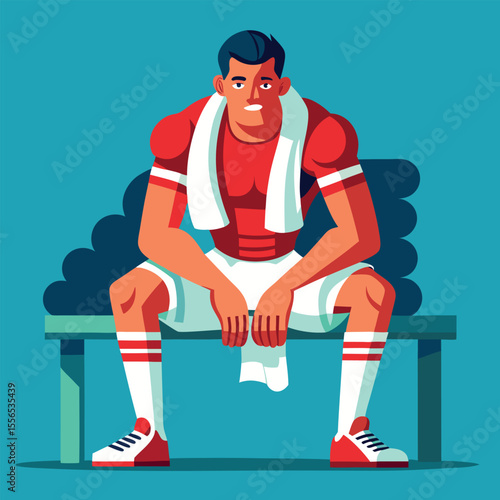 Athletic man resting on a bench after workout vector illustration against a teal background