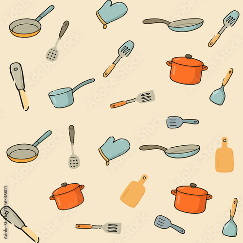 Seamless pattern with kitchen utensils and cookware on transparent background