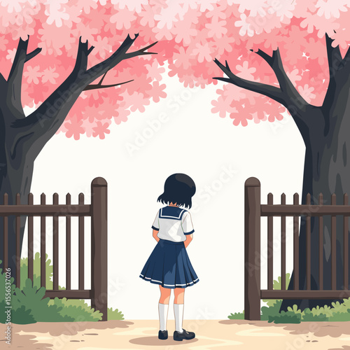 女子学生 春の桜の下で立ち止まる 学校の門の前で