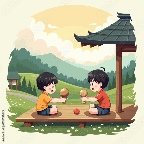 縁側でけん玉をする子どもたち 田舎の山風景の中で