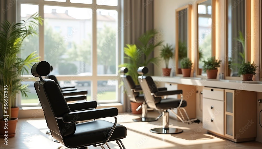 Fototapeta premium Modern hair salon interior with stylish black chairs large windows, plants. Light, bright space with contemporary clean minimalist elegant design. Professional, comfortable, relaxing luxury upscale