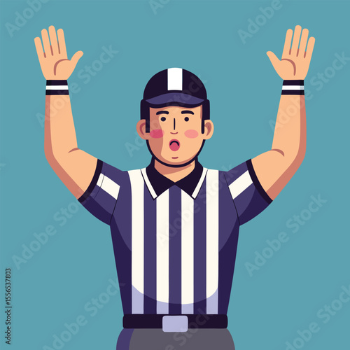 Cartoon illustration of a referee with hands raised signaling a foul or decision in a sporting match