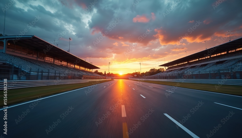 Fototapeta premium Evening scene asphalt race track at sunset. Empty grandstands, motion blur speedway road with start finish line. Motorsport racing championship event background, nobody on track.