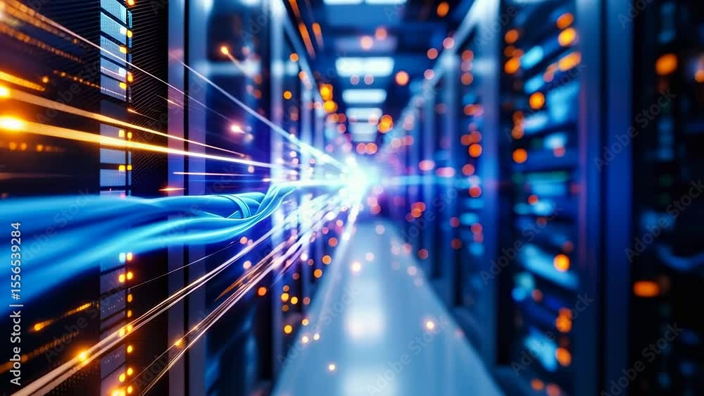 High-speed data transmission in glowing cable network inside modern server room with active network equipment High-speed data transmission in glowing cable network inside modern server room with active network equipment