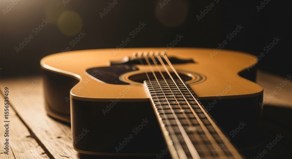 Fototapeta premium Acoustic guitar on rustic wood with warm cinematic lighting
