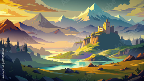 Misty hills and quiet lochs cover the vast untamed landscape. A lone stone castle atop a cliff glows in the golden light of sunrise.