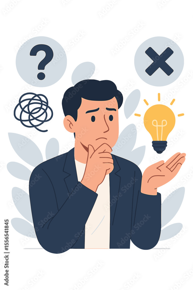 Businessman Decision Making Concept. Confused Man Thinking, Solving Problems, Asking Questions. Lightbulb Idea, Wrong Answer, Planning, Skills, Support, Learning, Business Solution Illustration Businessman Decision Making Concept. Confused Man Thinking, Solving Problems, Asking Questions. Lightbulb Idea, Wrong Answer, Planning, Skills, Support, Learning, Business Solution Illustration