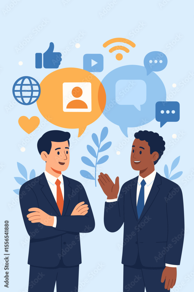 Businessmen Discussing Social Media Communication, Online Networking, Digital Marketing, Teamwork, News Updates, Chat Dialogue, Speech Bubbles, Collaboration, Flat Style Vector Illustration Businessmen Discussing Social Media Communication, Online Networking, Digital Marketing, Teamwork, News Updates, Chat Dialogue, Speech Bubbles, Collaboration, Flat Style Vector Illustration