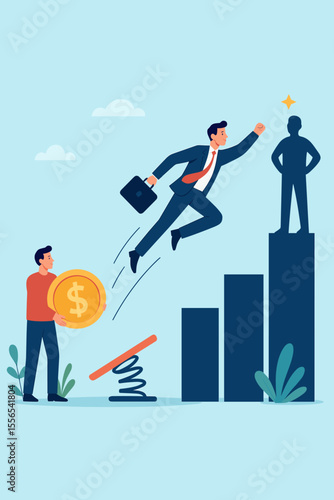 Business Success Career Ladder, Investment Springboard Boosts Startup Growth, Entrepreneur Jumps to Achievement, Financial Support, Opportunity, Modern Flat Vector Illustration