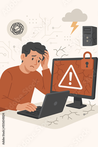Computer system error, operating system failure, cyber attack, server crash, technical problem concept. Frustrated user, warning alert, data breach, security lock. Flat vector illustration.