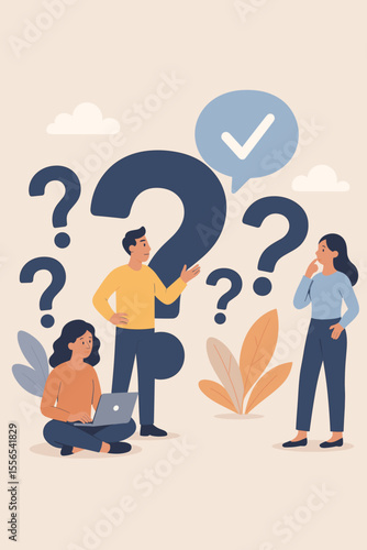 Frequently Asked Questions Concept Illustration. People Discussing Solutions, Question Marks, Teamwork, Problem Solving, Communication, Modern Flat Vector Cartoon, Answer Metaphor, Collaboration