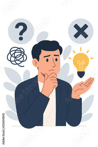 Businessman Decision Making Concept. Confused Man Thinking, Solving Problems, Asking Questions. Lightbulb Idea, Wrong Answer, Planning, Skills, Support, Learning, Business Solution Illustration