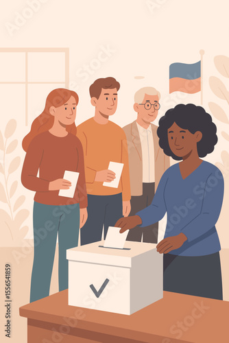 Diverse group of voters standing in line at polling station casting ballots in election. Voting process, democracy, government, civic duty, political participation, people making decisions together