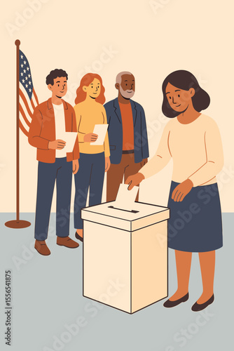 Diverse group of voters standing in line at polling station casting ballots in ballot box. Democracy, election campaign, civic duty, voting process, government choice, American flag illustration
