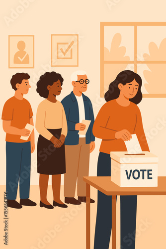 Diverse group of people voting in election, standing in queue at polling station, casting paper ballots in ballot box. Democracy, civic duty, government, political participation, voter turnout concept
