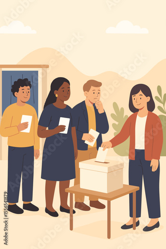Diverse group of people voting in election, standing in queue at polling station, casting ballots into box, democracy, government, civic duty, decision making, modern flat vector illustration