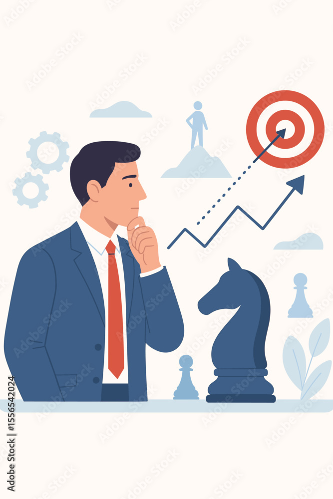 Business strategy planning, leadership, and goal achievement concept. Businessman thinking tactics, chess knight, target success, challenge, decision making, growth, vision, opportunity Business strategy planning, leadership, and goal achievement concept. Businessman thinking tactics, chess knight, target success, challenge, decision making, growth, vision, opportunity