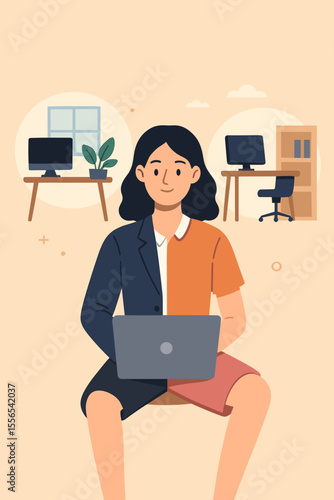 Hybrid Work Concept Woman Split Outfit Home Office Choice Remote Flexible Employment Telecommuting Business Attire Casual Dress Work From Home Digital Workspace Post Covid-19 Era Illustration