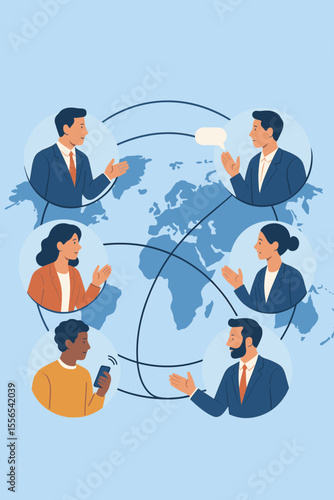 Global business team communication network. Diverse professionals talking, collaborating online, connecting worldwide. Remote teamwork, virtual meeting, international partnership, world map background