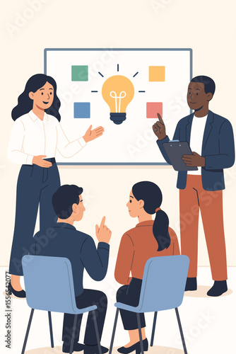 Business team brainstorming new ideas in seminar meeting, group discussion, corporate training course, collaborative workshop, creative planning, teamwork, conference room presentation concept