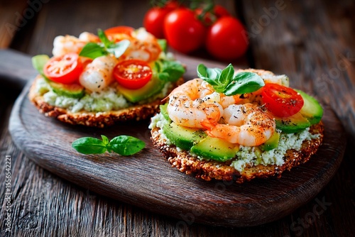 Wallpaper Mural Succulent shrimp paired with fresh cucumber and cherry tomatoes create vibrant open-face sandwiches presented on a rustic wooden board, showcasing a delightful culinary arrangement Torontodigital.ca