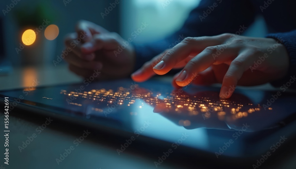 Fototapeta premium Hands interact with glowing tech device, representing digital inclusivity. Smart device screen lights up reflecting interaction. Concept of accessibility, technological advancements. Microphotography