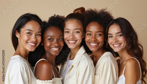 Smiling diverse female models with different skin tones. Women wear white, cream colored clothes. Friends standing on beige studio background, smiling. Beauty, skincare, fashion, cosmetics concept.