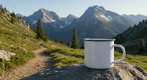 Blank Enamel Mug Mockup on Rock by Hiking Trail with Mountain Background and Logo Space