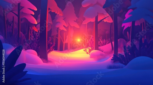 A vibrant, stylized winter forest at night, glowing with an inner light
