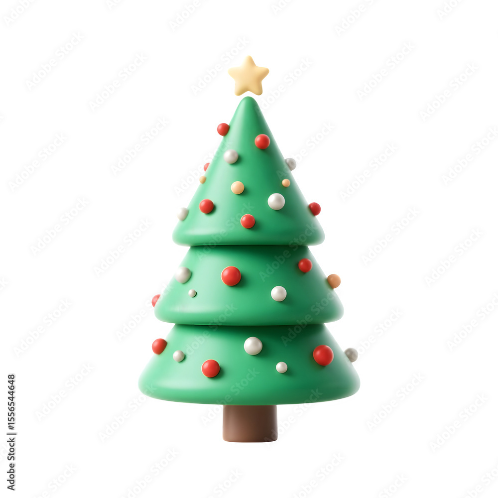 Obraz premium Festive cartoon christmas tree with ornaments and star topper isolated on transparent background