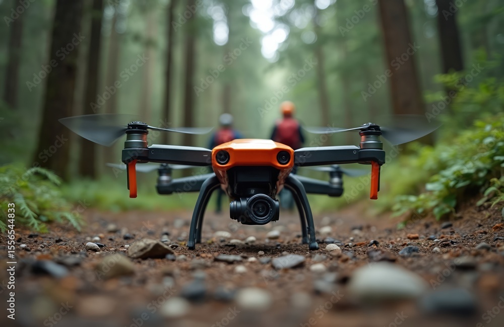 Naklejka premium Drone on forest trail during rescue operation. Aerial surveillance tech for lost hikers search. Rescuers, wilderness emergency team, safety, navigation, flying, mapping, assistance.