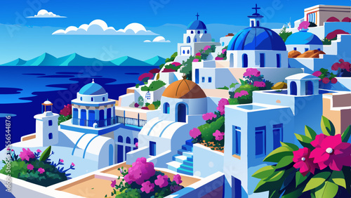 Whitewashed cliffs lined with blue-domed houses overlook the deep blue Aegean Sea. Bougainvillea flowers and sun-drenched terraces paint a Mediterranean paradise.