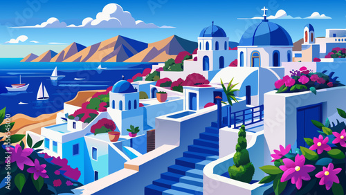Whitewashed cliffs lined with blue-domed houses overlook the deep blue Aegean Sea. Bougainvillea flowers and sun-drenched terraces paint a Mediterranean paradise.