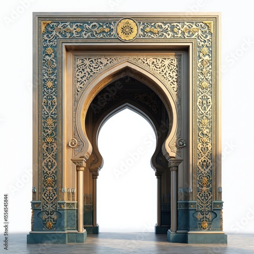 Ornate arched gateway with intricate mosaic designs, golden accents isolated on white. Islamic arabic architectural details, vintage, antique. Historical entrance to ancient building, symbol of