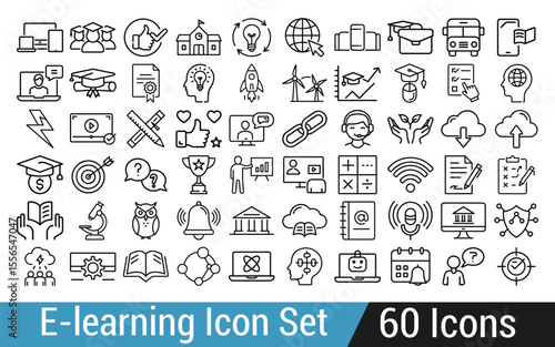 E learning Icon Set Featuring Online Education and Technology Concepts Depicted in Line Art Style Perfect for Educational Resources and Digital Learning Platforms Visual Design