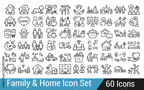 Family and Home Icon Set Depicting Relationships Activities and Domestic Scenes with a Clean and Minimalist Aesthetic Featuring Line Art and Symbolic Representations