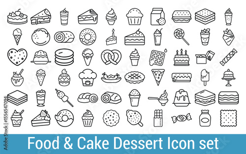 Diverse Array of Food and Cake Dessert Icons Featuring Cakes, Ice Cream, Pastries, and Other Sweet Treats in Simple Line Art Style