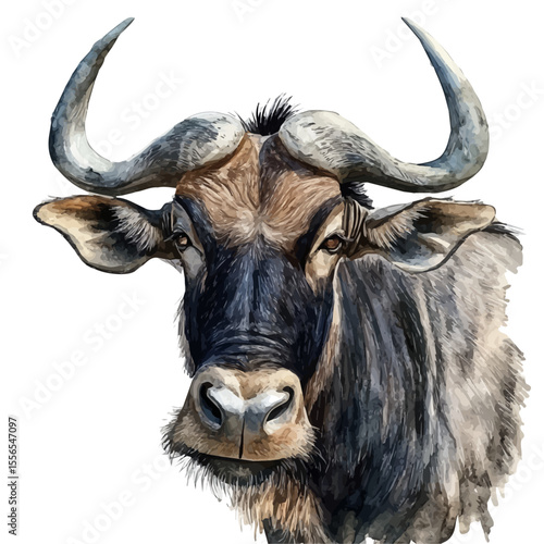 Wildebeest Close Up, watercolor vector, isolated on a white background.