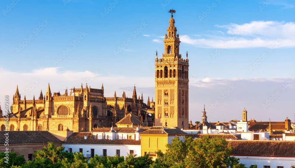 Fototapeta premium Cityscape panorama of a cathedral and tower
