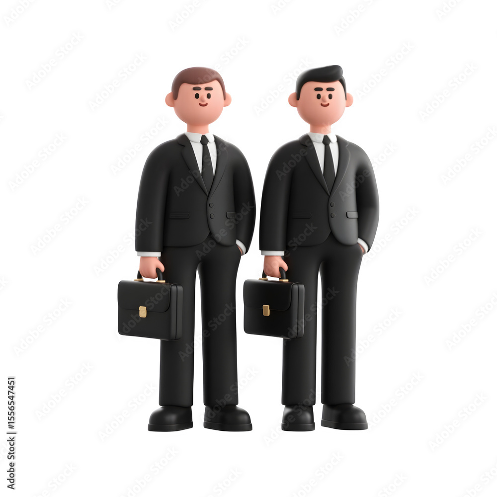 Obraz premium Two cartoon businessmen in black suits holding briefcases isolated on transparent background
