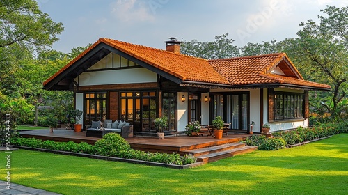 A charming house with a spacious veranda and lush landscaping.