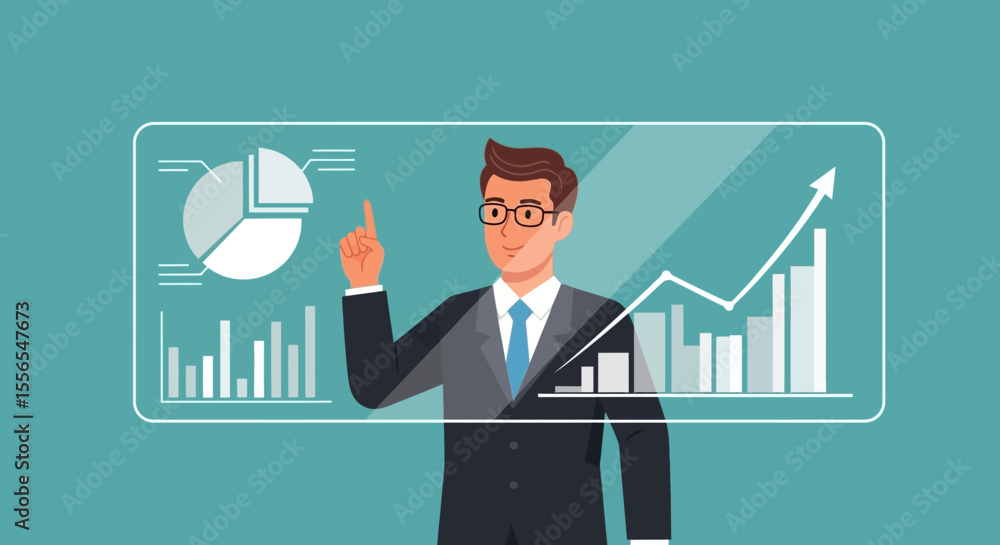 Businessman Presenting Financial Growth Data on Interactive Screen Businessman Presenting Financial Growth Data on Interactive Screen