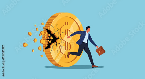 Businessman Running Away from Cracking Gold Coin Financial Crisis Vector Illustration