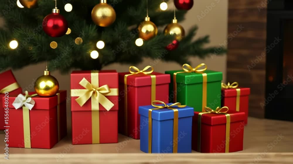 Holiday scene with wooden table, Christmas tree and gift boxes Holiday scene with wooden table, Christmas tree and gift boxes