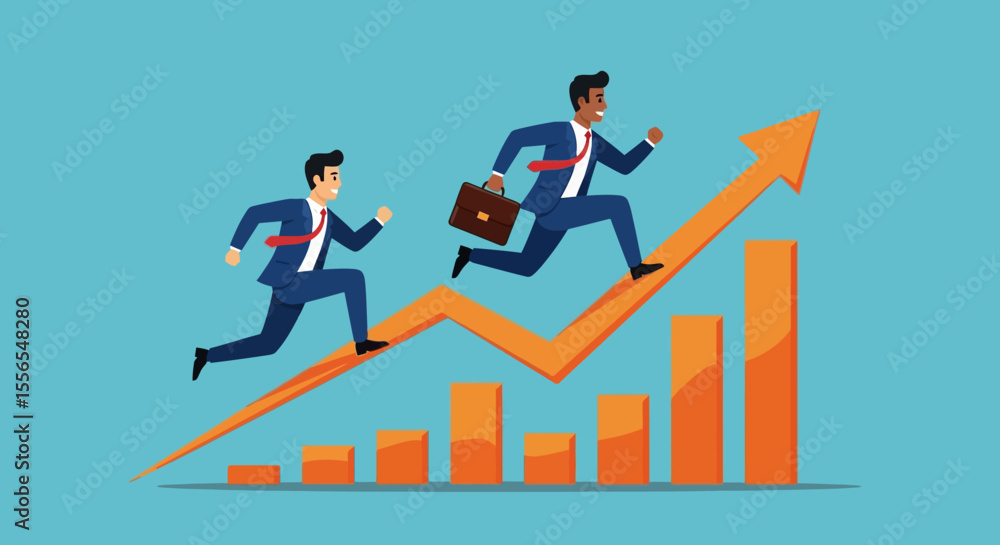 Fototapeta premium Business Growth Vector Illustration of Two Businessmen Running Upwards on a Rising Graph