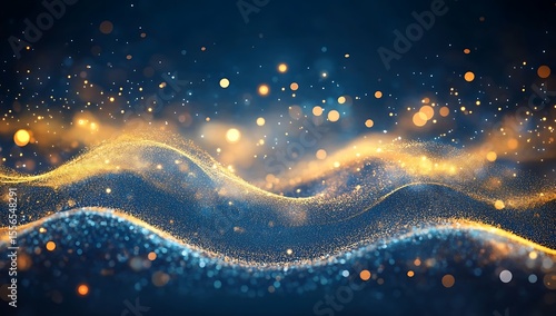 Blue and gold glittering particle wave background with bokeh lights and sparkling dust texture Ai abstract